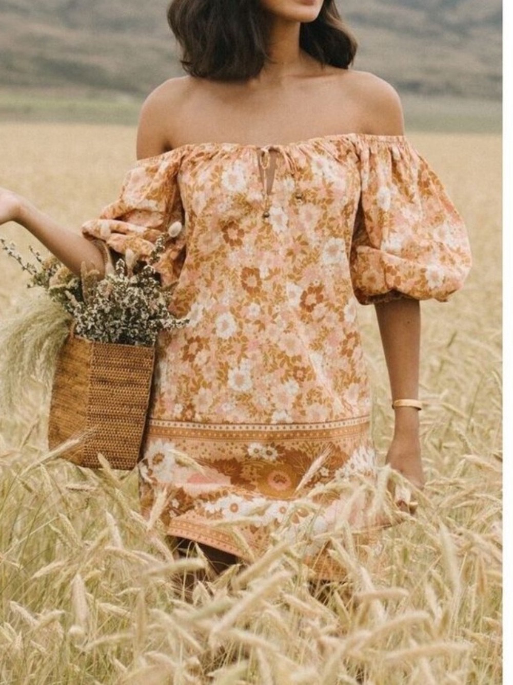 Spell Floral Tie-Front Mustard Yellow & Pink Anne off shoulder tunic dress s